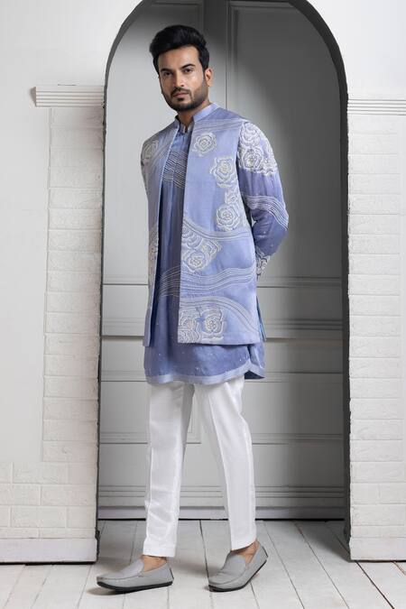 Buy_Smriti By Anju Agarwal_Blue Linen, Satin, Cotton Embroidery Kurta And Nehru Jacket Set _Online_at_Aza_Fashions