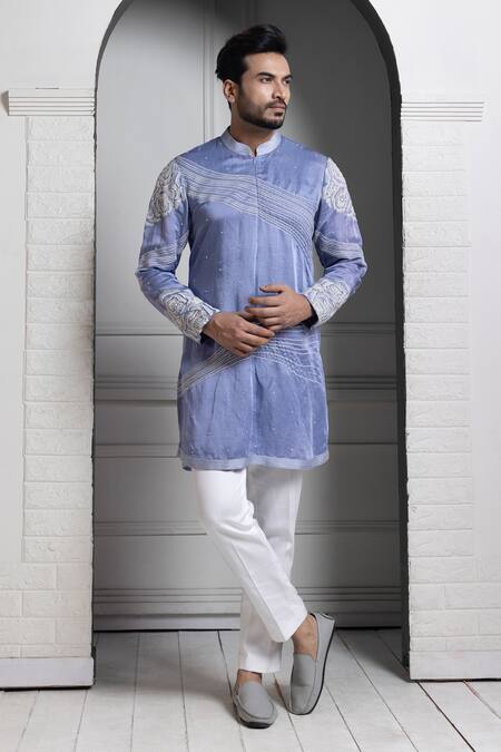 Shop_Smriti By Anju Agarwal_Blue Linen, Satin, Cotton Embroidery Kurta And Nehru Jacket Set _Online_at_Aza_Fashions