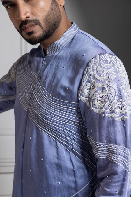 Smriti By Anju Agarwal_Blue Linen, Satin, Cotton Embroidery Kurta Set _Online_at_Aza_Fashions