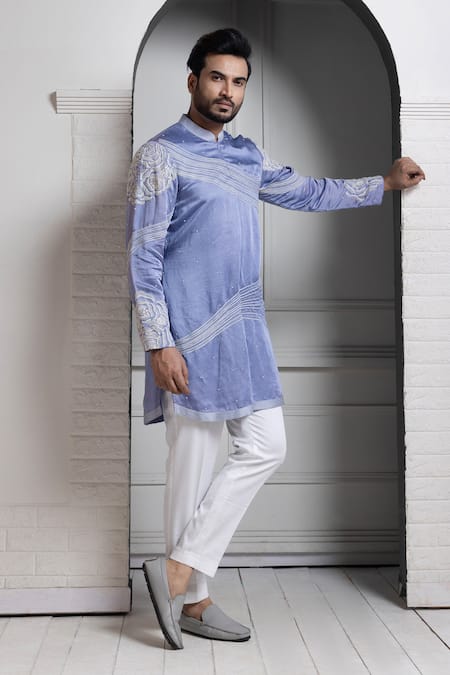 Buy_Smriti By Anju Agarwal_Blue Linen, Satin, Cotton Embroidery Kurta Set _Online_at_Aza_Fashions