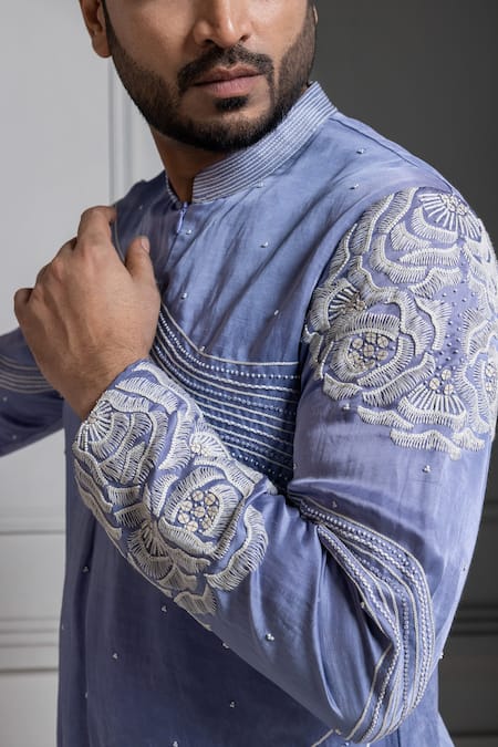 Shop_Smriti By Anju Agarwal_Blue Linen, Satin, Cotton Embroidery Kurta Set _Online_at_Aza_Fashions