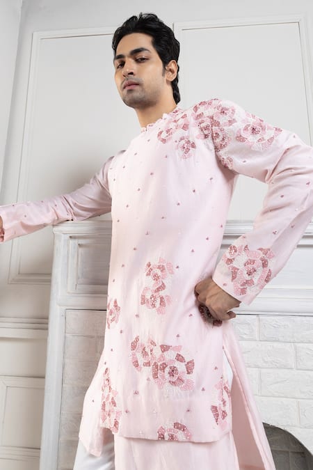 Smriti By Anju Agarwal_Pink Chanderi, Cotton Embroidery Stylized Kurta Set _Online_at_Aza_Fashions