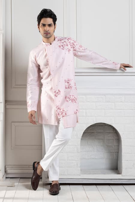 Buy_Smriti By Anju Agarwal_Pink Chanderi, Cotton Embroidery Stylized Kurta Set _Online_at_Aza_Fashions