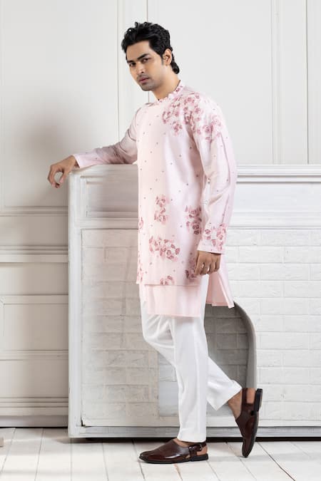 Shop_Smriti By Anju Agarwal_Pink Chanderi, Cotton Embroidery Stylized Kurta Set _Online_at_Aza_Fashions