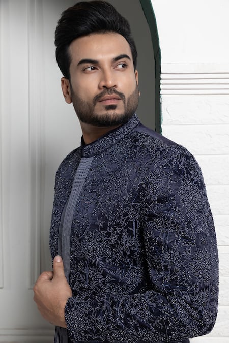 Smriti By Anju Agarwal Navy Satin, Silk Embroidery Blue Bandhgala Set Online at Aza Fashions Smriti By Anju Agarwal_Navy Satin, Silk Embroidery Blue Bandhgala Set _Online_at_Aza_Fashions