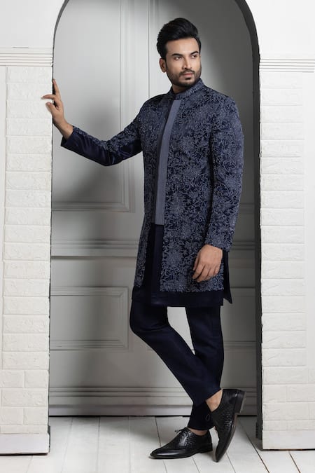 Buy Smriti By Anju Agarwal Navy Satin, Silk Embroidery Blue Bandhgala Set Online at Aza Fashions Buy_Smriti By Anju Agarwal_Navy Satin, Silk Embroidery Blue Bandhgala Set _Online_at_Aza_Fashions