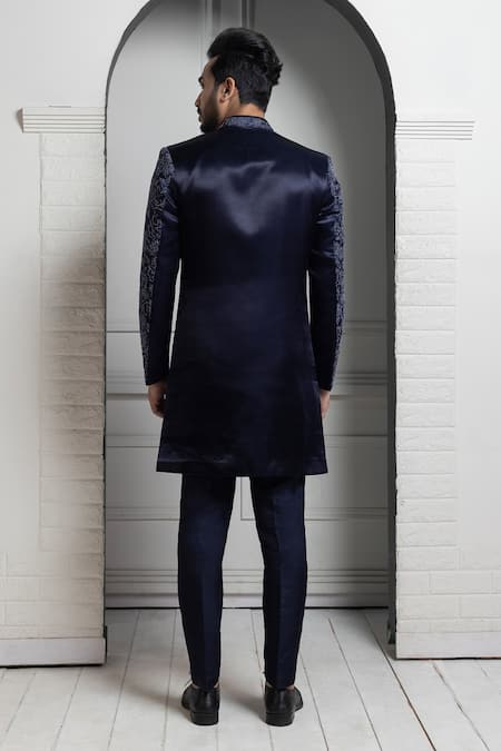 Shop Smriti By Anju Agarwal Navy Satin, Silk Embroidery Blue Bandhgala Set at Aza Fashions Shop_Smriti By Anju Agarwal_Navy Satin, Silk Embroidery Blue Bandhgala Set _at_Aza_Fashions