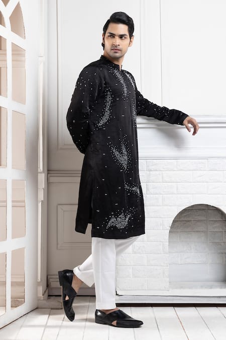 Smriti By Anju Agarwal_Black Linen, Satin, Cotton Sequins, Embroidery Kurta Set _Online_at_Aza_Fashions