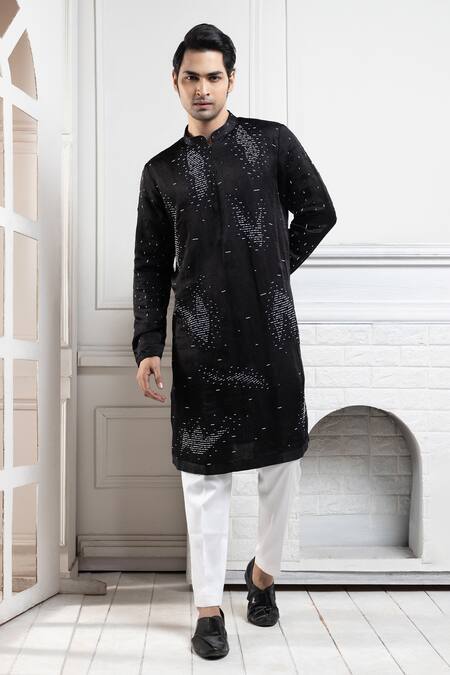 Buy_Smriti By Anju Agarwal_Black Linen, Satin, Cotton Sequins, Embroidery Kurta Set _Online_at_Aza_Fashions