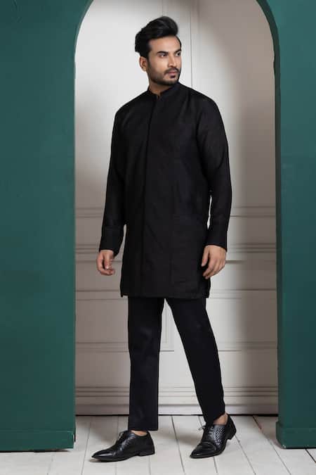 Buy_Smriti By Anju Agarwal_Black Silk, Cotton Embroidery Kurta Set _Online_at_Aza_Fashions