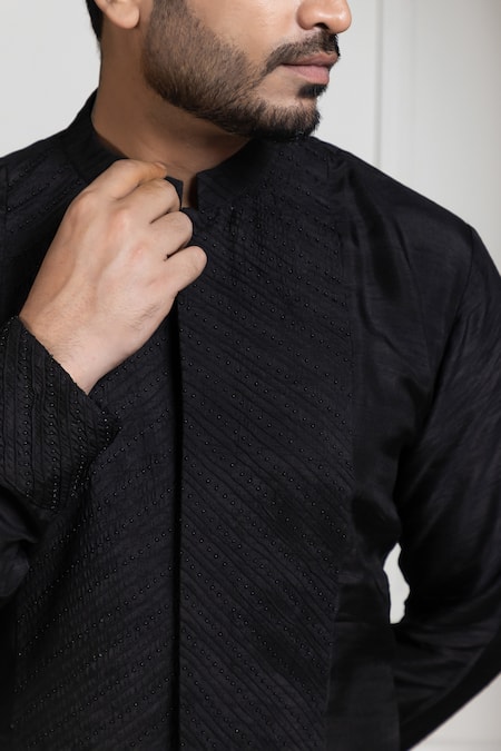 Smriti By Anju Agarwal_Black Silk, Cotton Embroidery Kurta Set _at_Aza_Fashions