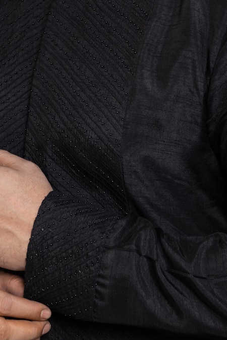 Shop_Smriti By Anju Agarwal_Black Silk, Cotton Embroidery Kurta Set 