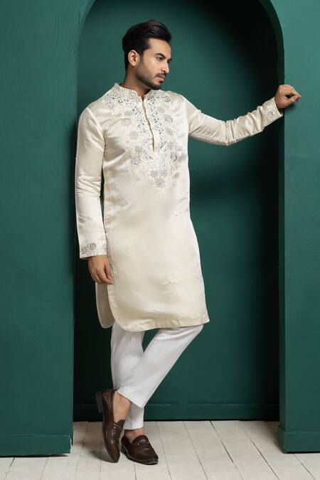 Shop_Smriti By Anju Agarwal_White Tissue, Linen, Cotton Embroidery Kurta Set _Online_at_Aza_Fashions