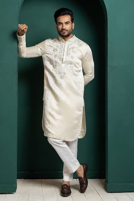 Smriti By Anju Agarwal_White Tissue, Linen, Cotton Embroidery Kurta Set _at_Aza_Fashions