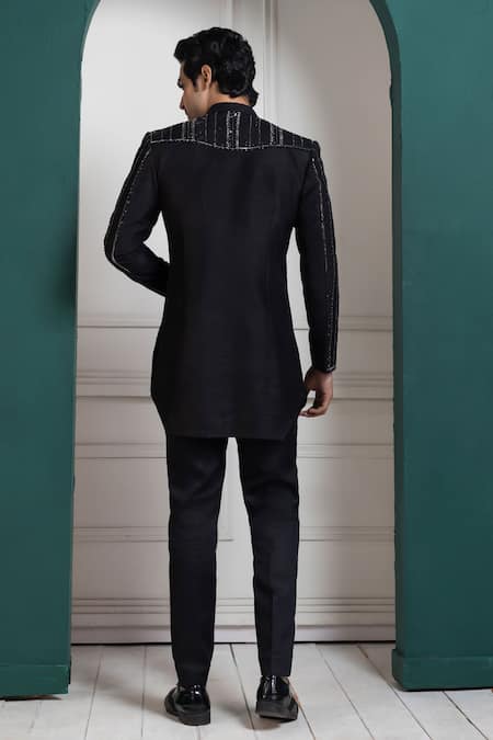 Shop Smriti By Anju Agarwal Black Silk Sequins, Embroidery Designer Bandhgala And Pant Set at Aza Fashions Shop_Smriti By Anju Agarwal_Black Silk Sequins, Embroidery Designer Bandhgala And Pant Set _at_Aza_Fashions