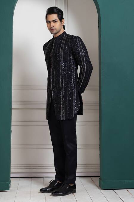 Buy Smriti By Anju Agarwal Black Silk Sequins, Embroidery Designer Bandhgala And Pant Set Online at Aza Fashions Buy_Smriti By Anju Agarwal_Black Silk Sequins, Embroidery Designer Bandhgala And Pant Set _Online_at_Aza_Fashions