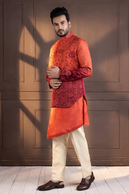 Smriti By Anju Agarwal_Orange Linen, Satin Embroidery Nehru Jacket _Online_at_Aza_Fashions