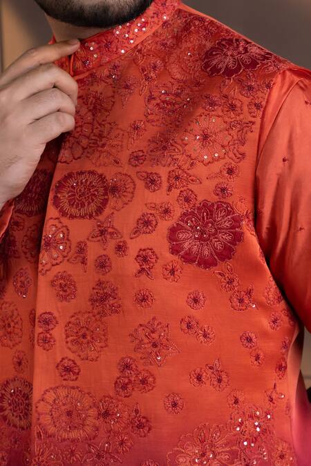 Buy_Smriti By Anju Agarwal_Orange Linen, Satin Embroidery Nehru Jacket _Online_at_Aza_Fashions