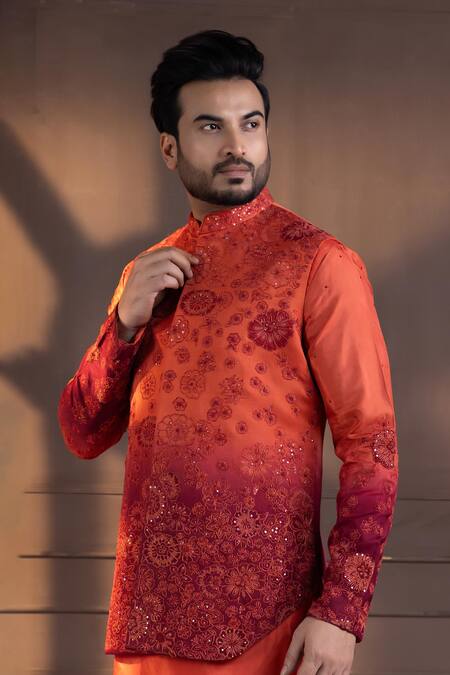 Shop_Smriti By Anju Agarwal_Orange Linen, Satin Embroidery Nehru Jacket _Online_at_Aza_Fashions