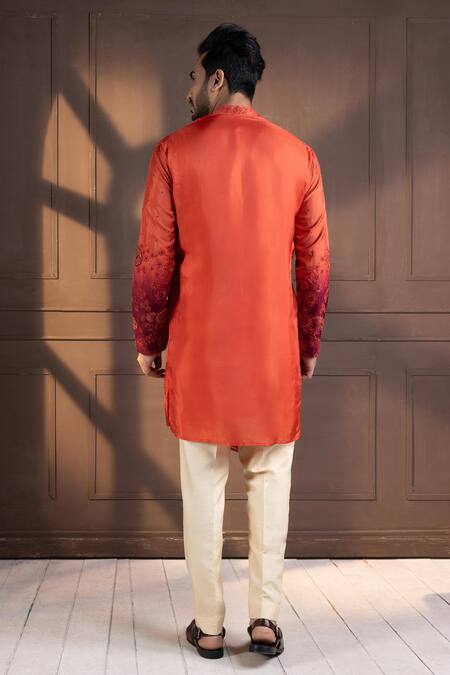 Buy_Smriti By Anju Agarwal_Orange Linen, Satin, Silk, Cotton Embroidery, Sequins Designer Nehru Jacket Set _Online_at_Aza_Fashions