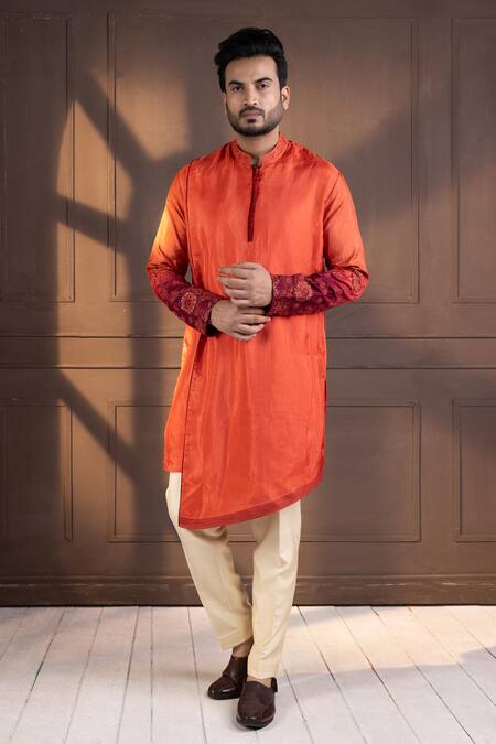 Smriti By Anju Agarwal_Orange Linen, Satin, Silk, Cotton Embroidery, Sequins Designer Nehru Jacket Set _at_Aza_Fashions
