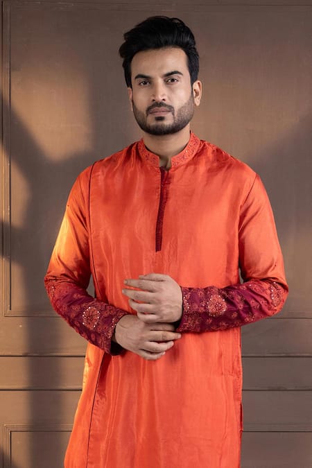 Smriti By Anju Agarwal_Orange Silk, Cotton Embroidery Kurta Set _Online_at_Aza_Fashions