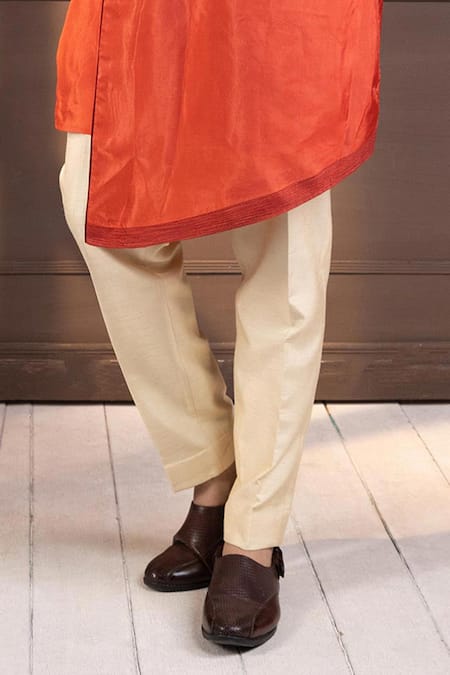 Buy_Smriti By Anju Agarwal_Orange Silk, Cotton Embroidery Kurta Set _Online_at_Aza_Fashions