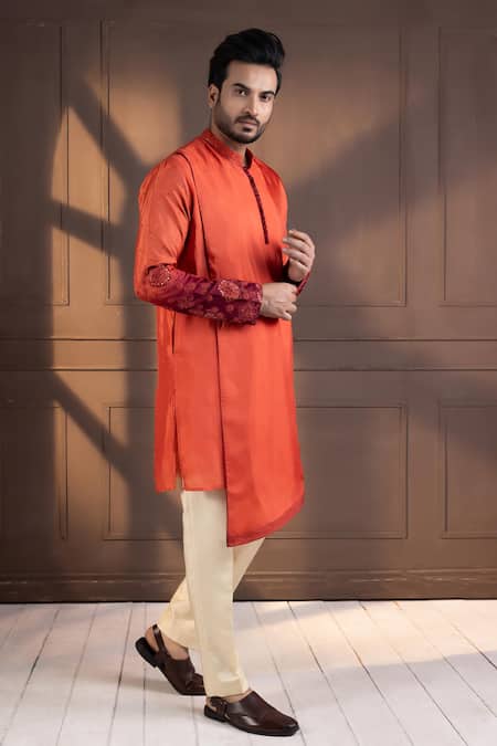 Shop_Smriti By Anju Agarwal_Orange Silk, Cotton Embroidery Kurta Set _Online_at_Aza_Fashions