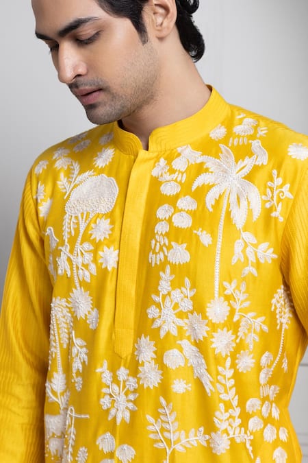 Buy_Smriti By Anju Agarwal_Yellow Chanderi, Cotton Embroidery Kurta Set _Online_at_Aza_Fashions
