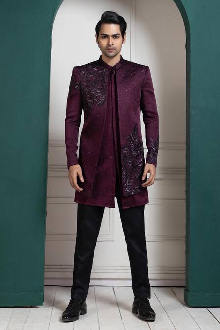 Buy Smriti By Anju Agarwal Maroon Linen, Satin Sequins, Embroidery Bandhgala And Kurta Set Online at Aza Fashions Buy_Smriti By Anju Agarwal_Maroon Linen, Satin Sequins, Embroidery Bandhgala And Kurta Set _Online_at_Aza_Fashions