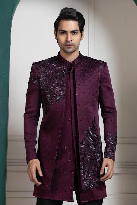 Smriti By Anju Agarwal Maroon Linen, Satin Sequins, Embroidery Bandhgala And Kurta Set at Aza Fashions Smriti By Anju Agarwal_Maroon Linen, Satin Sequins, Embroidery Bandhgala And Kurta Set _at_Aza_Fashions