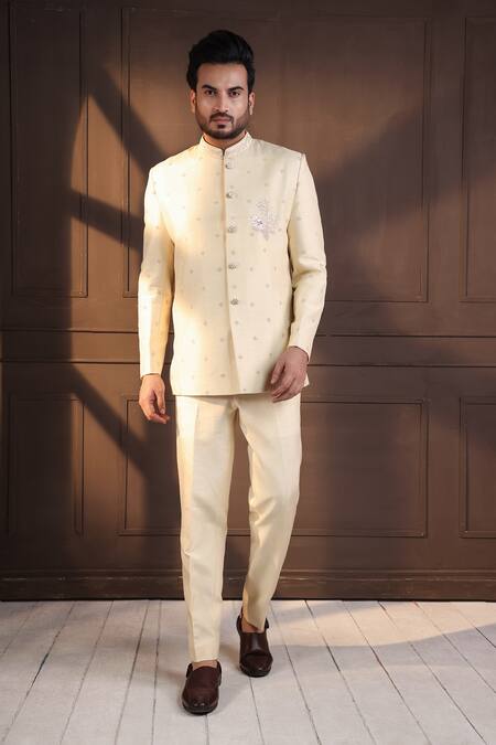 Buy_Smriti By Anju Agarwal_White Bamboo, Silk Embroidery Bandhgala And Pant Set _Online_at_Aza_Fashions