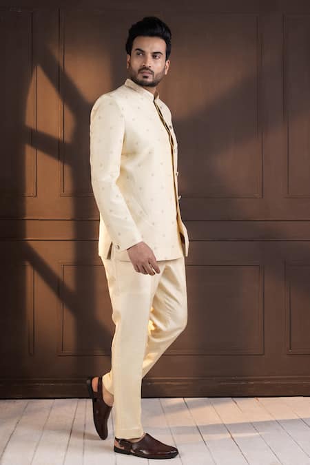 Smriti By Anju Agarwal_White Bamboo, Silk Embroidery Bandhgala And Pant Set _at_Aza_Fashions