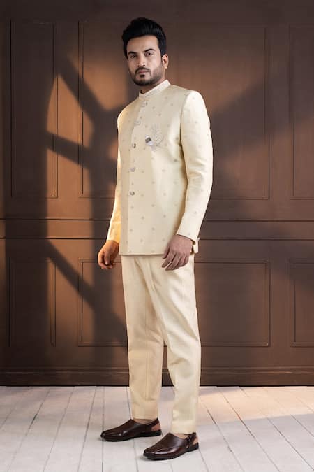 Buy_Smriti By Anju Agarwal_White Bamboo, Silk Embroidery Bandhgala And Pant Set 