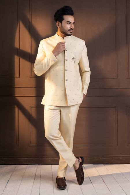 Shop_Smriti By Anju Agarwal_White Bamboo, Silk Embroidery Bandhgala And Pant Set 