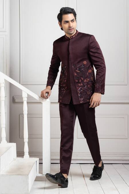 Smriti By Anju Agarwal Brown Linen, Satin Embroidery Bandhgala Set Online at Aza Fashions Smriti By Anju Agarwal_Brown Linen, Satin Embroidery Bandhgala Set _Online_at_Aza_Fashions