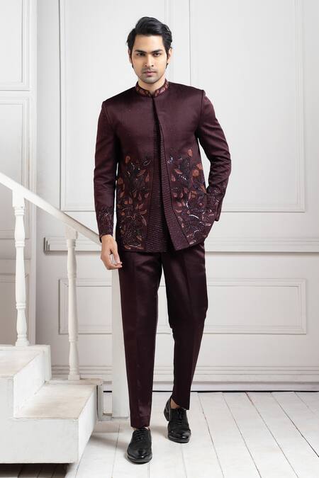 Buy Smriti By Anju Agarwal Brown Linen, Satin Embroidery Bandhgala Set Buy_Smriti By Anju Agarwal_Brown Linen, Satin Embroidery Bandhgala Set