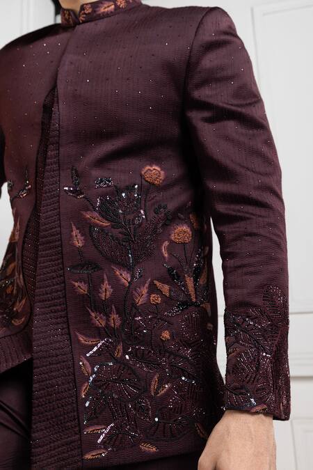 Shop Smriti By Anju Agarwal Brown Linen, Satin Embroidery Bandhgala Set Shop_Smriti By Anju Agarwal_Brown Linen, Satin Embroidery Bandhgala Set