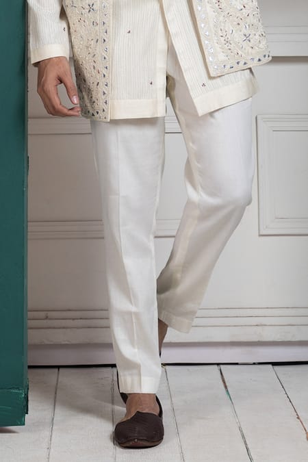 Smriti By Anju Agarwal White Linen, Satin Embroidery Nehru Jacket Online at Aza Fashions Smriti By Anju Agarwal_White Linen, Satin Embroidery Nehru Jacket _Online_at_Aza_Fashions