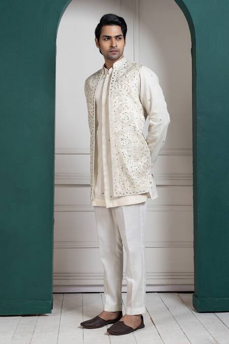 Shop Smriti By Anju Agarwal White Nylon, Satin, Bamboo, Silk, Cotton Sequins, Embroidery Nehru Jacket Set Shop_Smriti By Anju Agarwal_White Nylon, Satin, Bamboo, Silk, Cotton Sequins, Embroidery Nehru Jacket Set