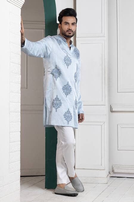 Smriti By Anju Agarwal_Blue Linen, Cotton Embroidery Kurta Set _Online_at_Aza_Fashions
