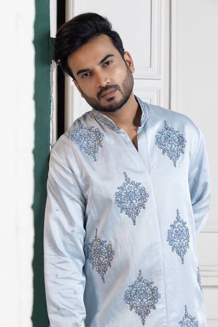 Buy_Smriti By Anju Agarwal_Blue Linen, Cotton Embroidery Kurta Set _Online_at_Aza_Fashions