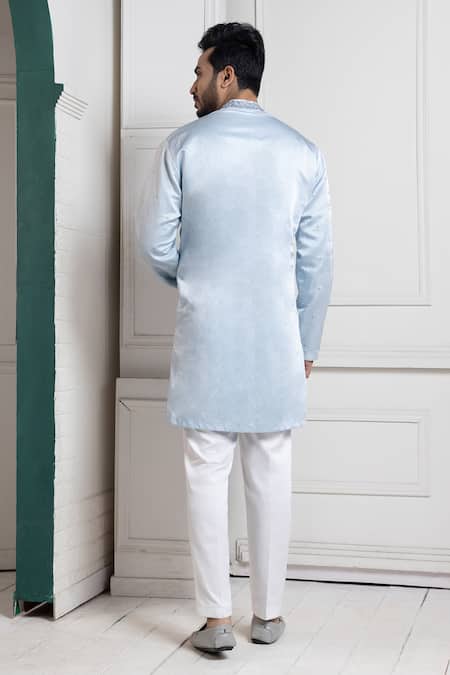 Shop_Smriti By Anju Agarwal_Blue Linen, Cotton Embroidery Kurta Set _at_Aza_Fashions