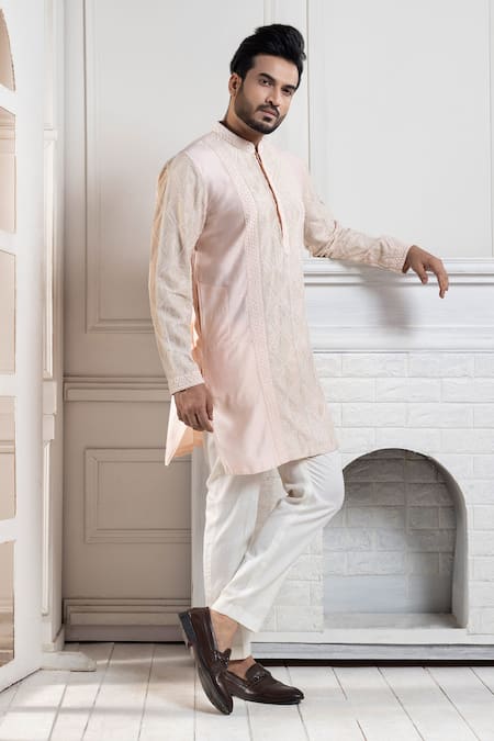 Smriti By Anju Agarwal Peach Chanderi, Cotton Embroidery Kurta Pant Set Online at Aza Fashions Smriti By Anju Agarwal_Peach Chanderi, Cotton Embroidery Kurta Pant Set _Online_at_Aza_Fashions