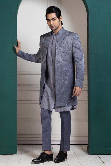 Smriti By Anju Agarwal Gray Linen, Satin Embroidery Grey Designer Sherwani Online at Aza Fashions Smriti By Anju Agarwal_Gray Linen, Satin Embroidery Grey Designer Sherwani _Online_at_Aza_Fashions