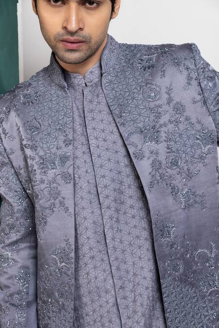 Shop Smriti By Anju Agarwal Gray Linen, Satin Embroidery Grey Designer Sherwani Online at Aza Fashions Shop_Smriti By Anju Agarwal_Gray Linen, Satin Embroidery Grey Designer Sherwani _Online_at_Aza_Fashions