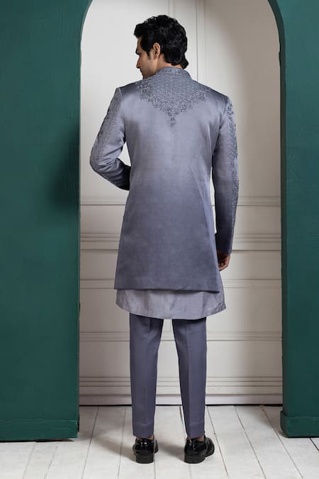Smriti By Anju Agarwal Grey Embroidered Sherwani Kurta Pant Set
