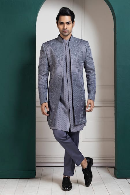 Smriti By Anju Agarwal Gray Linen, Cotton, Silk Embroidery, Beads Grey Sherwani Kurta Pant Set Online at Aza Fashions Smriti By Anju Agarwal_Gray Linen, Cotton, Silk Embroidery, Beads Grey Sherwani Kurta Pant Set _Online_at_Aza_Fashions