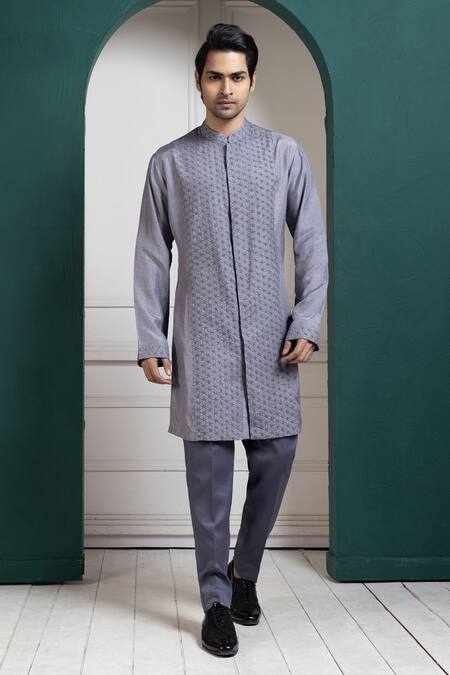 Shop Smriti By Anju Agarwal Gray Linen, Cotton, Silk Embroidery, Beads Grey Sherwani Kurta Pant Set Online at Aza Fashions Shop_Smriti By Anju Agarwal_Gray Linen, Cotton, Silk Embroidery, Beads Grey Sherwani Kurta Pant Set _Online_at_Aza_Fashions
