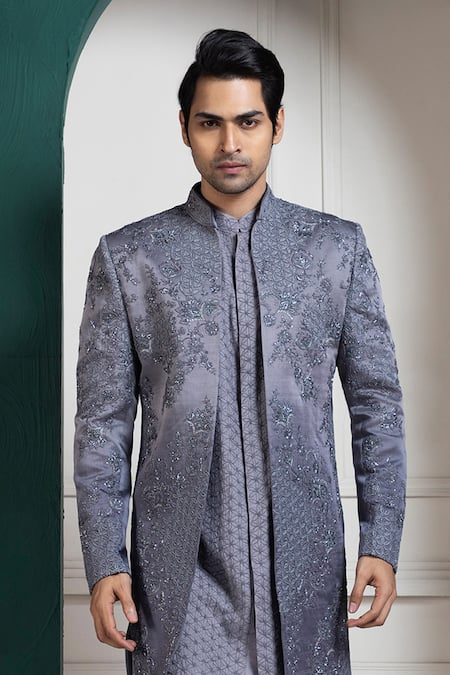 Smriti By Anju Agarwal Gray Linen, Cotton, Silk Embroidery, Beads Grey Sherwani Kurta Pant Set at Aza Fashions Smriti By Anju Agarwal_Gray Linen, Cotton, Silk Embroidery, Beads Grey Sherwani Kurta Pant Set _at_Aza_Fashions
